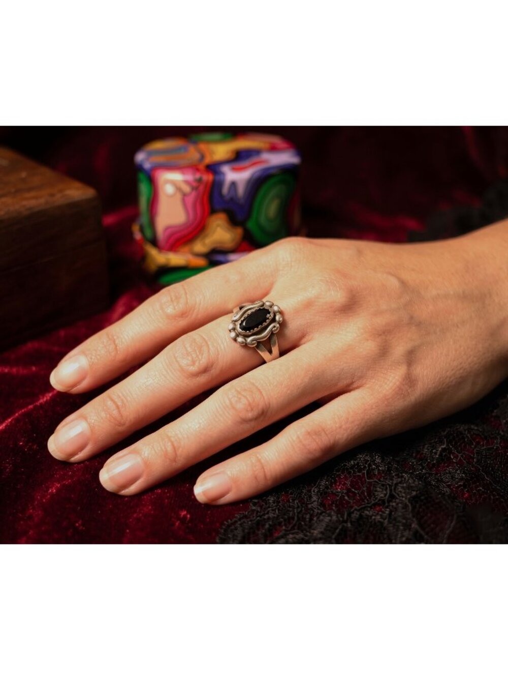 Vintage Sterling Silver Black Onyx Cabochon Ring – Size 5.5